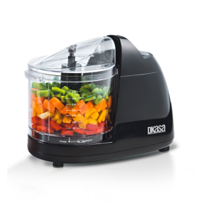Procesador de Alimentos DKASA HL-2029-1 negro con vegetales picados en el recipiente